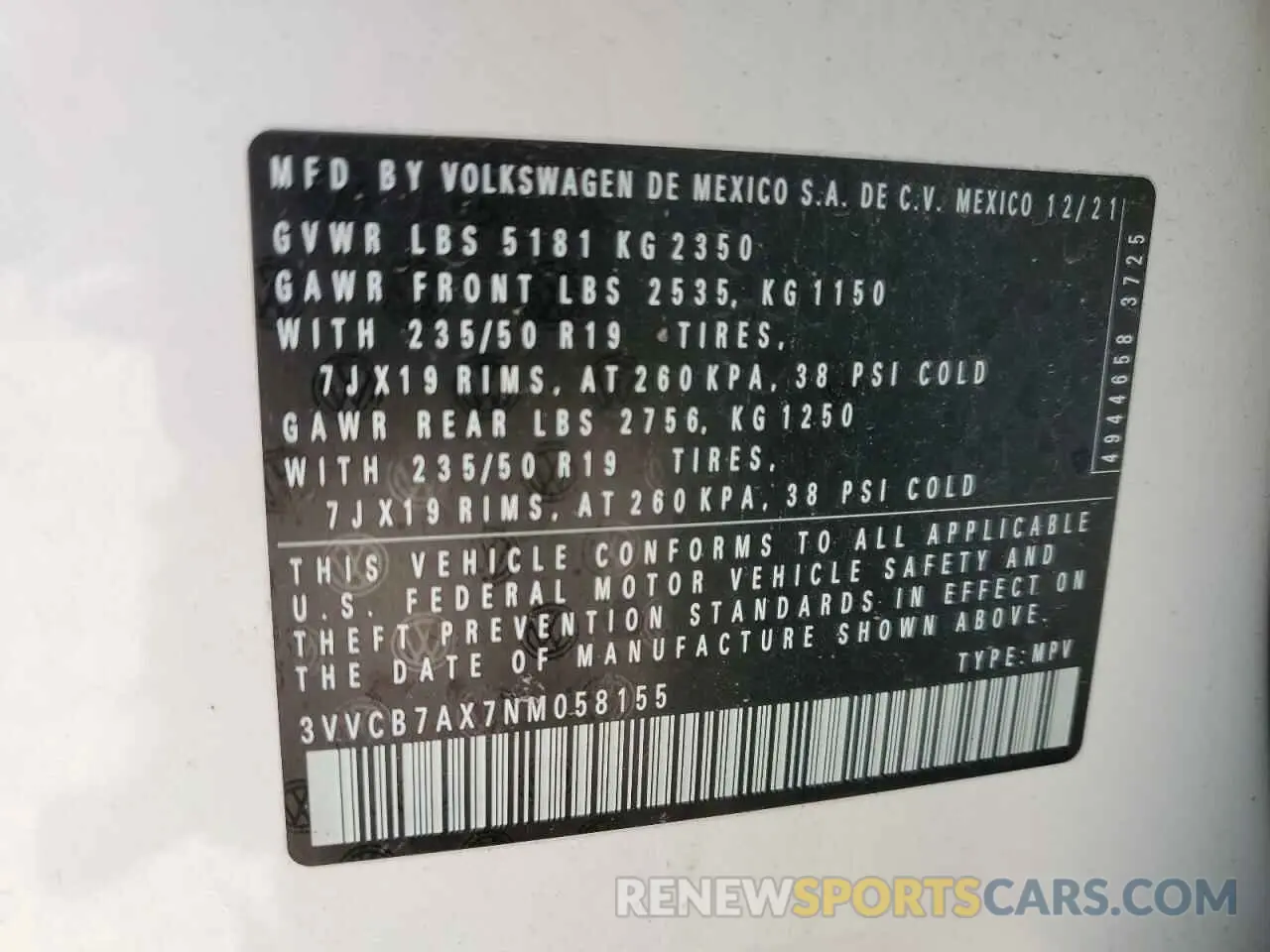 16 Photograph of a damaged car 3VVCB7AX7NM058155 VOLKSWAGEN TIGUAN 2022