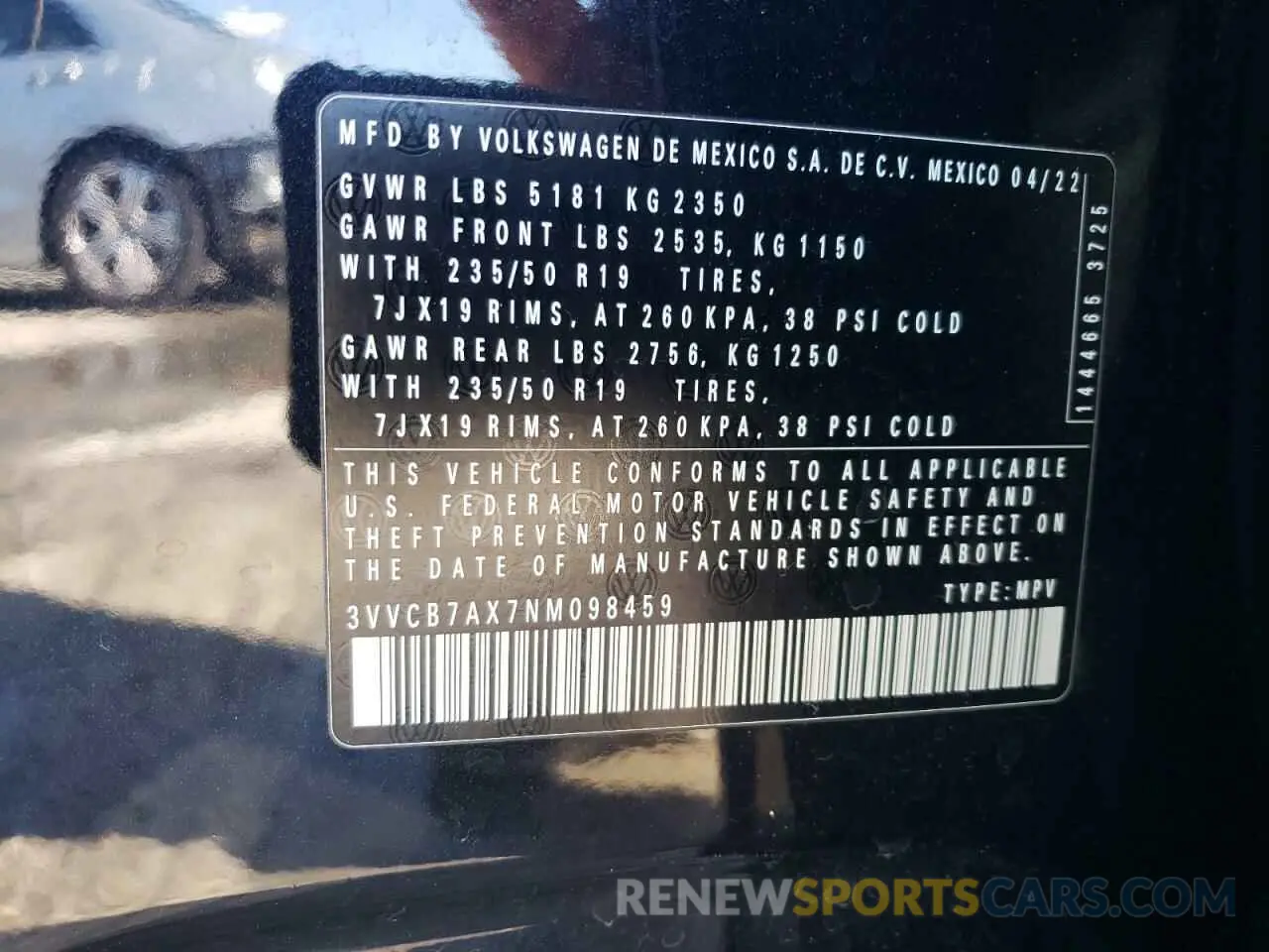 15 Photograph of a damaged car 3VVCB7AX7NM098459 VOLKSWAGEN TIGUAN 2022