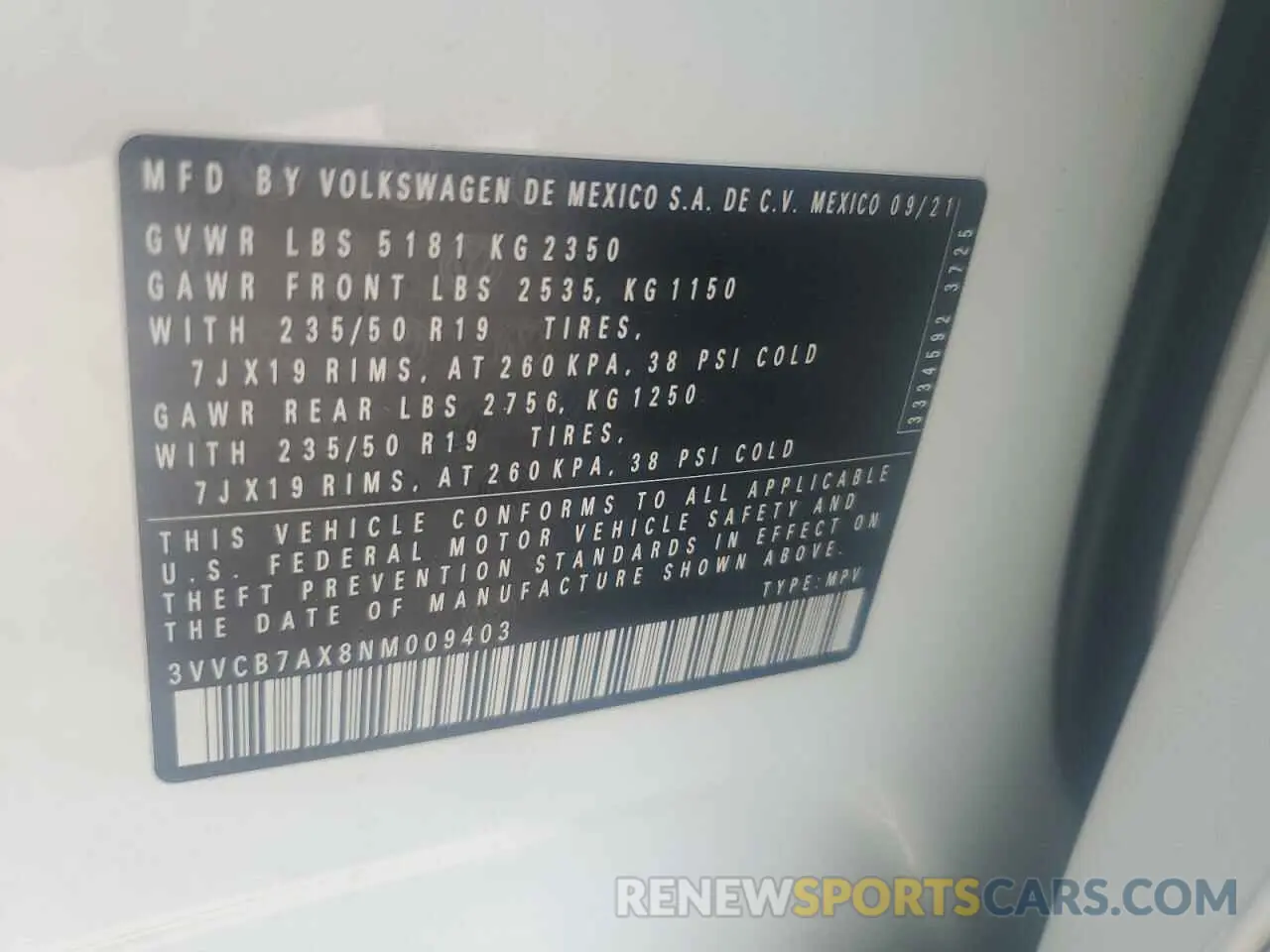13 Photograph of a damaged car 3VVCB7AX8NM009403 VOLKSWAGEN TIGUAN 2022
