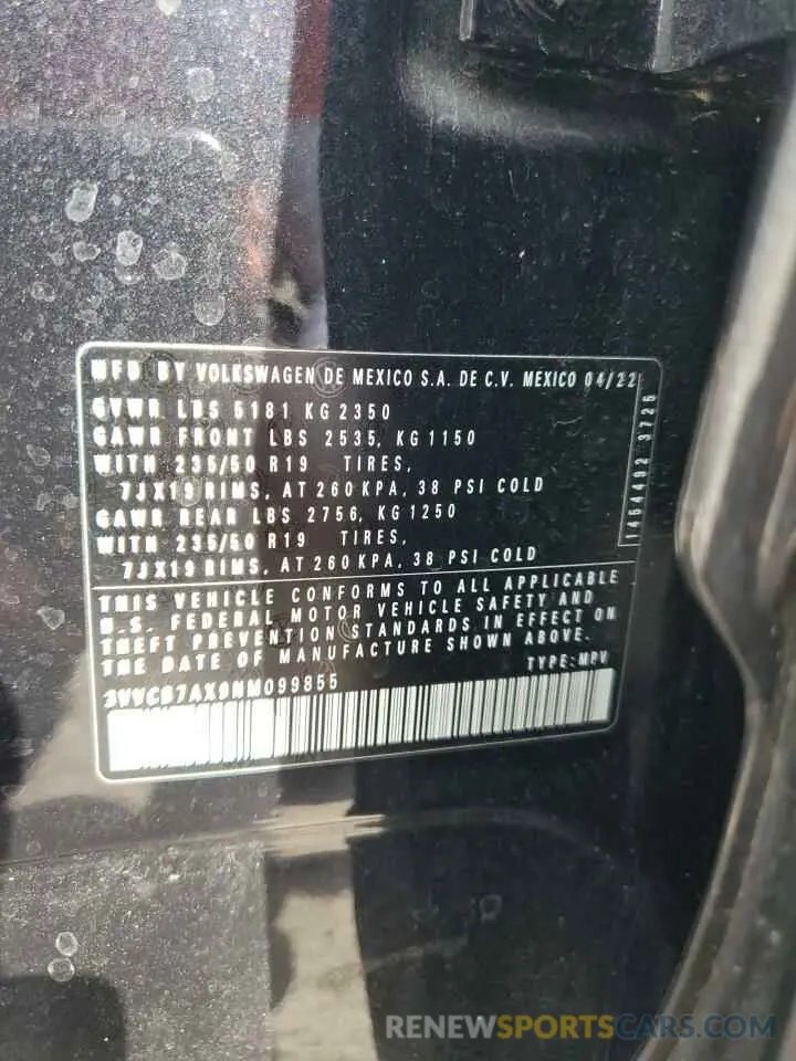 13 Photograph of a damaged car 3VVCB7AX9NM099855 VOLKSWAGEN TIGUAN 2022