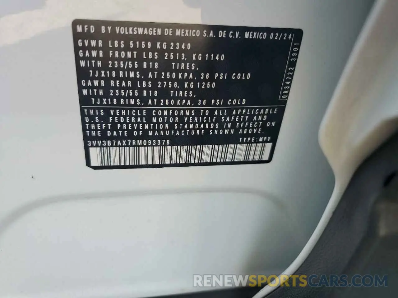 13 Photograph of a damaged car 3VV3B7AX7RM093378 VOLKSWAGEN TIGUAN 2024