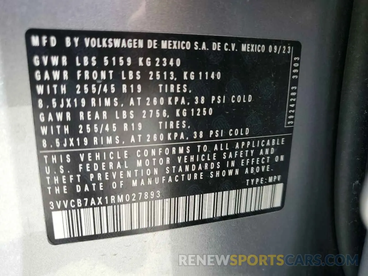 15 Photograph of a damaged car 3VVCB7AX1RM027893 VOLKSWAGEN TIGUAN 2024