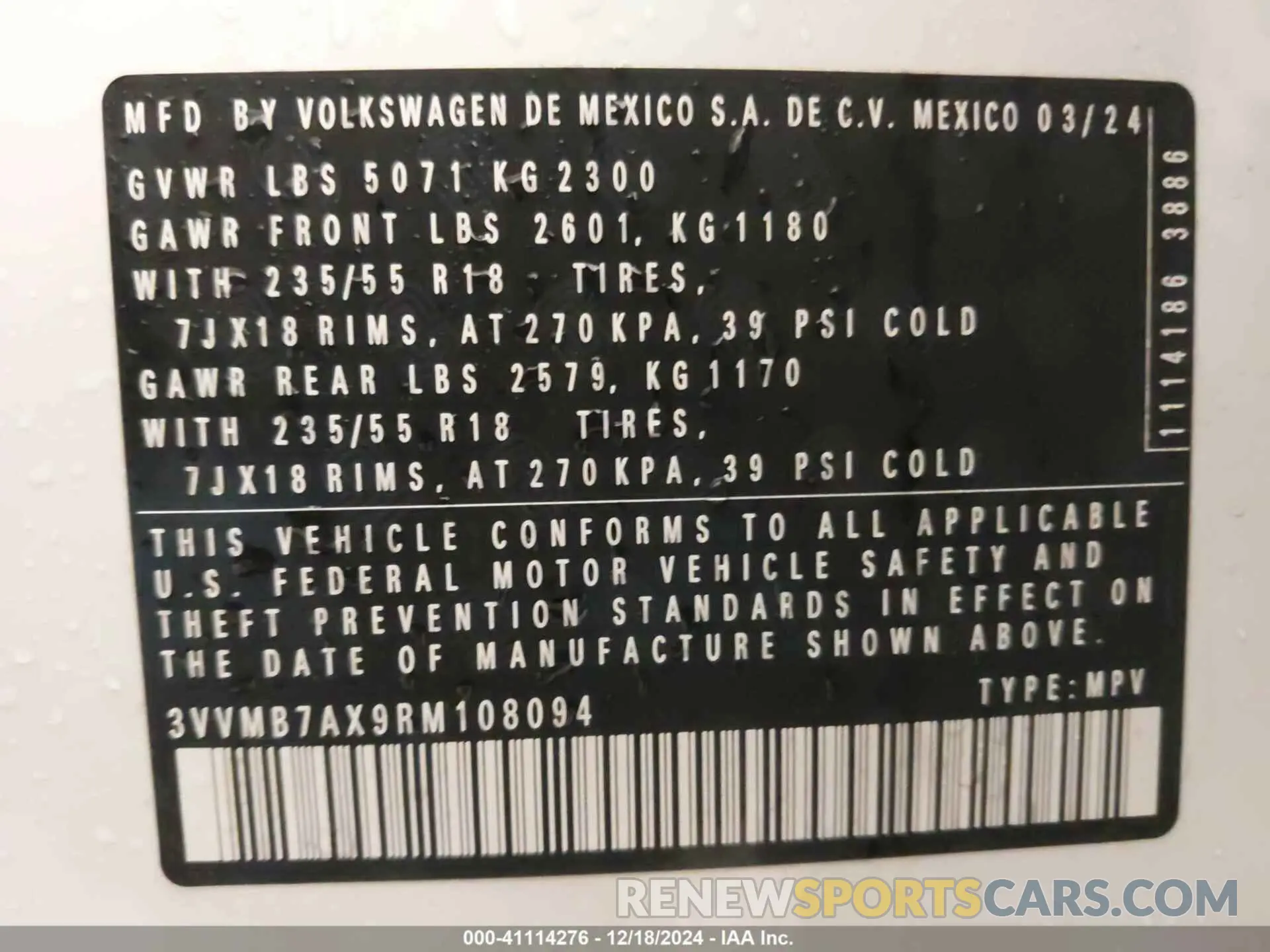 9 Photograph of a damaged car 3VVMB7AX9RM108094 VOLKSWAGEN TIGUAN 2024