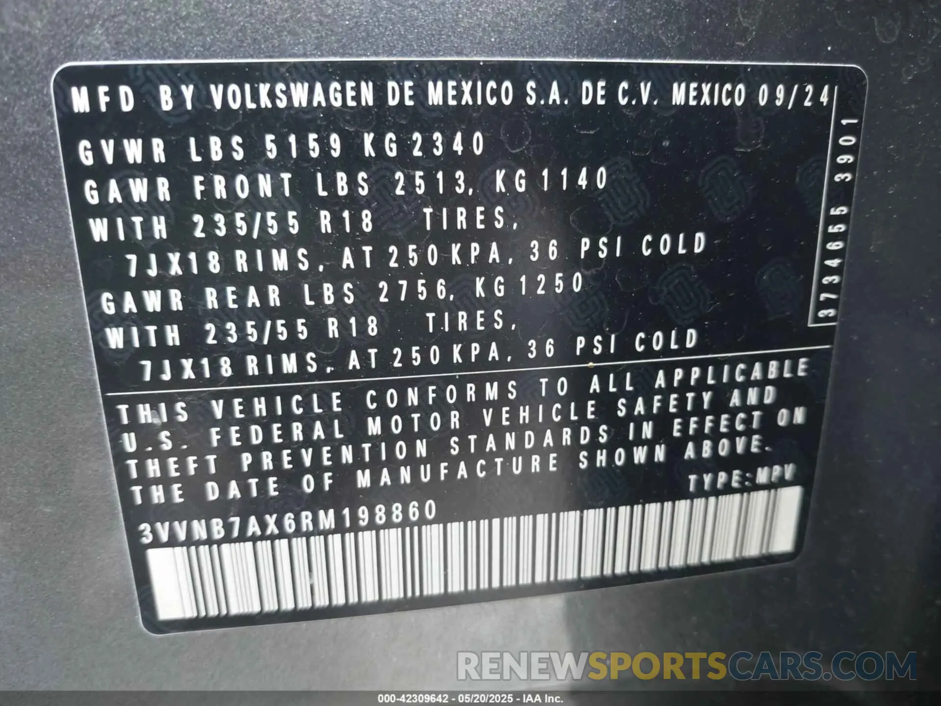 9 Photograph of a damaged car 3VVNB7AX6RM198860 VOLKSWAGEN TIGUAN 2024
