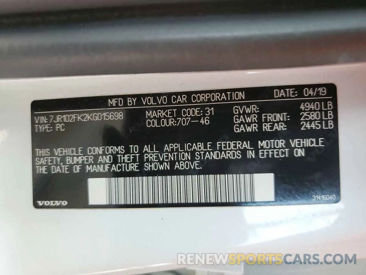 13 Photograph of a damaged car 7JR102FK2KG015698 VOLVO S60 2019