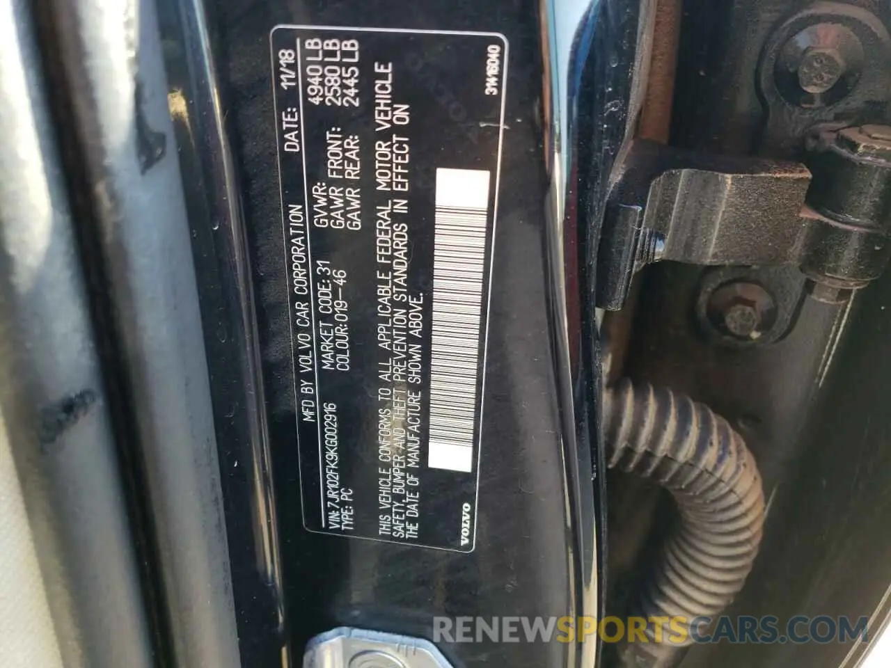 13 Photograph of a damaged car 7JR102FK9KG002916 VOLVO S60 2019