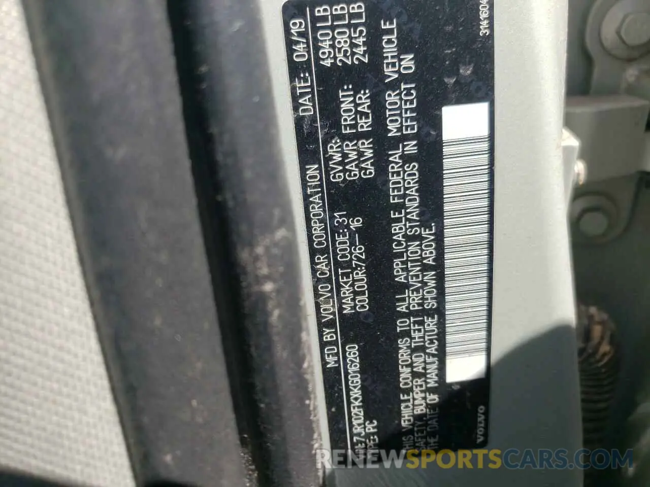 10 Photograph of a damaged car 7JR102FKXKG016260 VOLVO S60 2019