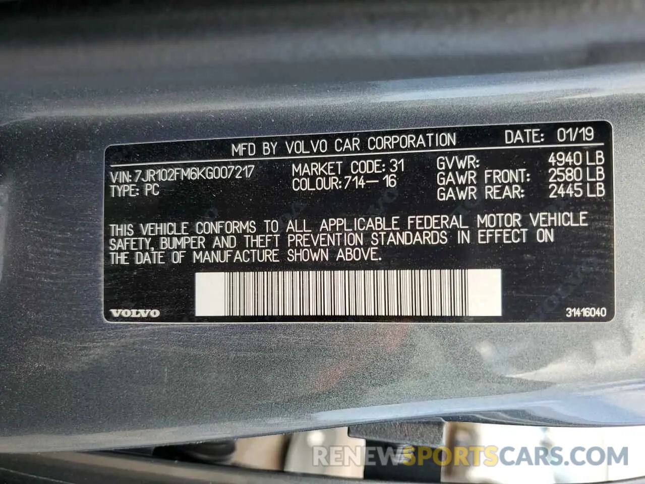 13 Photograph of a damaged car 7JR102FM6KG007217 VOLVO S60 2019
