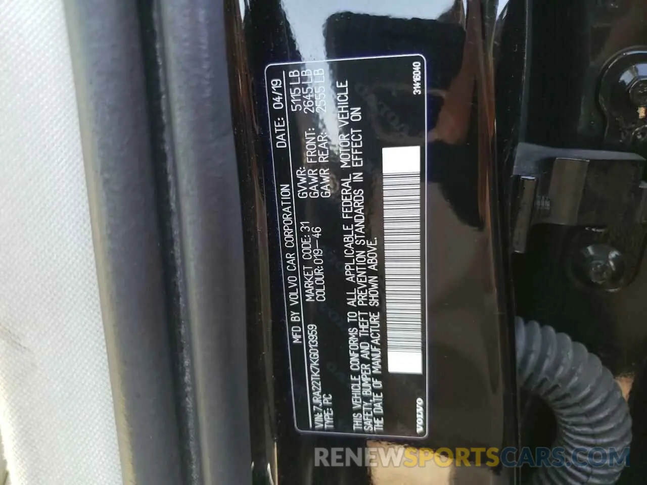 12 Photograph of a damaged car 7JRA22TK7KG013959 VOLVO S60 2019