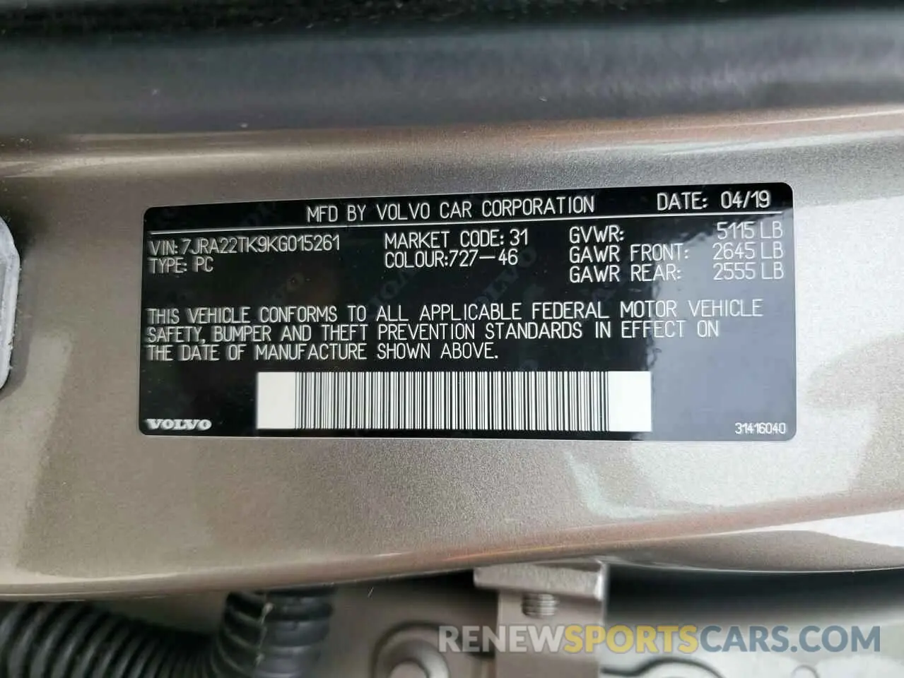 13 Photograph of a damaged car 7JRA22TK9KG015261 VOLVO S60 2019