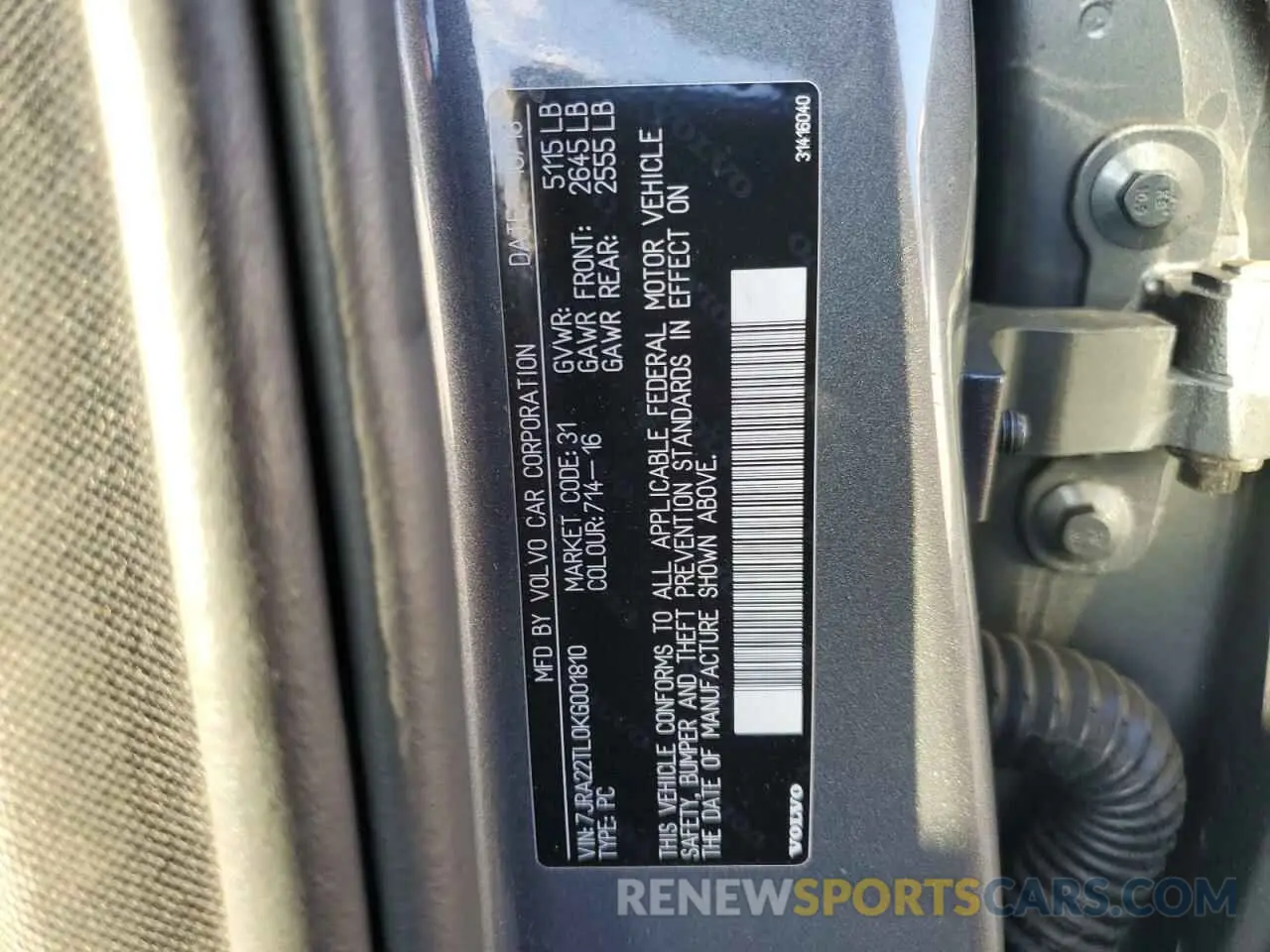 12 Photograph of a damaged car 7JRA22TL0KG001810 VOLVO S60 2019