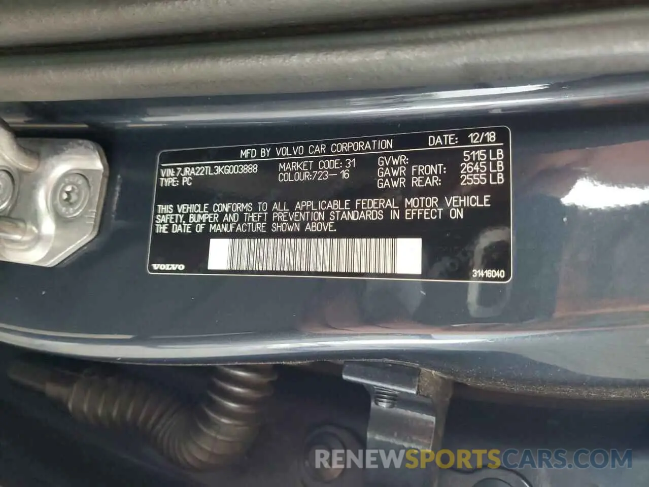 12 Photograph of a damaged car 7JRA22TL3KG003888 VOLVO S60 2019