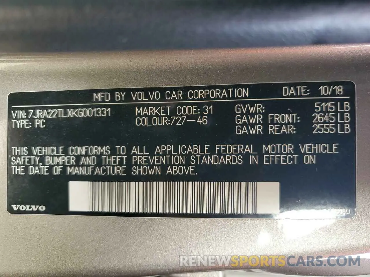 13 Photograph of a damaged car 7JRA22TLXKG001331 VOLVO S60 2019