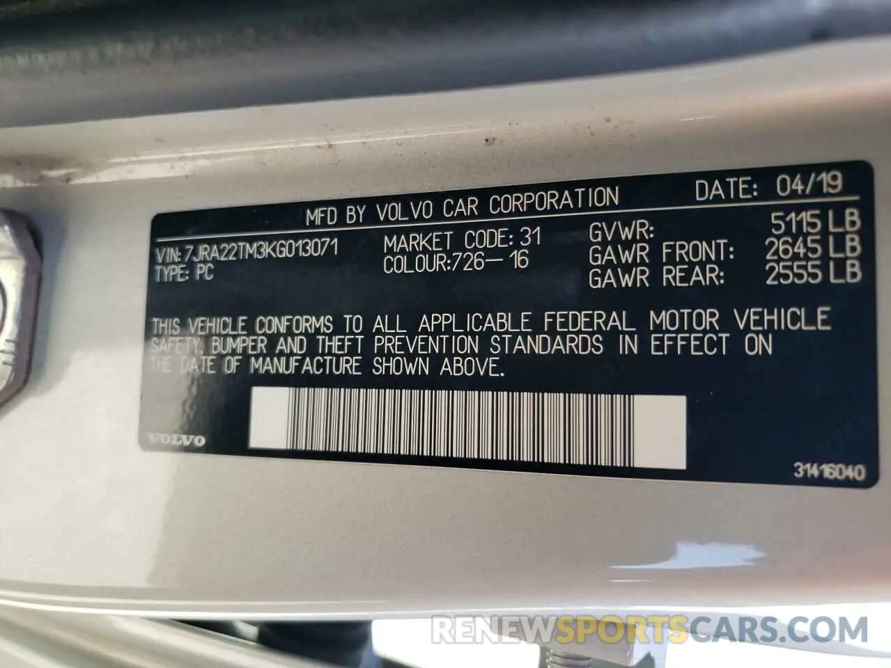 13 Photograph of a damaged car 7JRA22TM3KG013071 VOLVO S60 2019