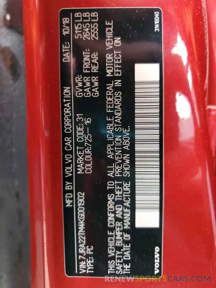 12 Photograph of a damaged car 7JRA22TM4KG001902 VOLVO S60 2019