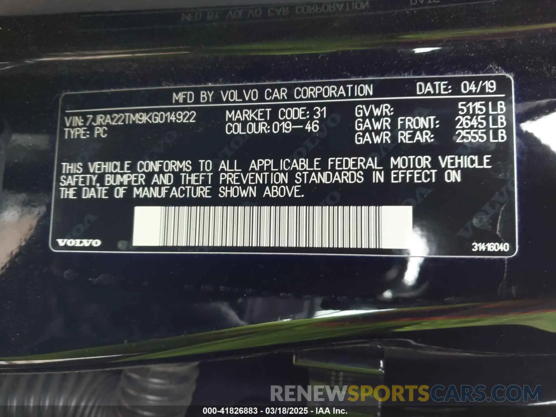 9 Photograph of a damaged car 7JRA22TM9KG014922 VOLVO S60 2019