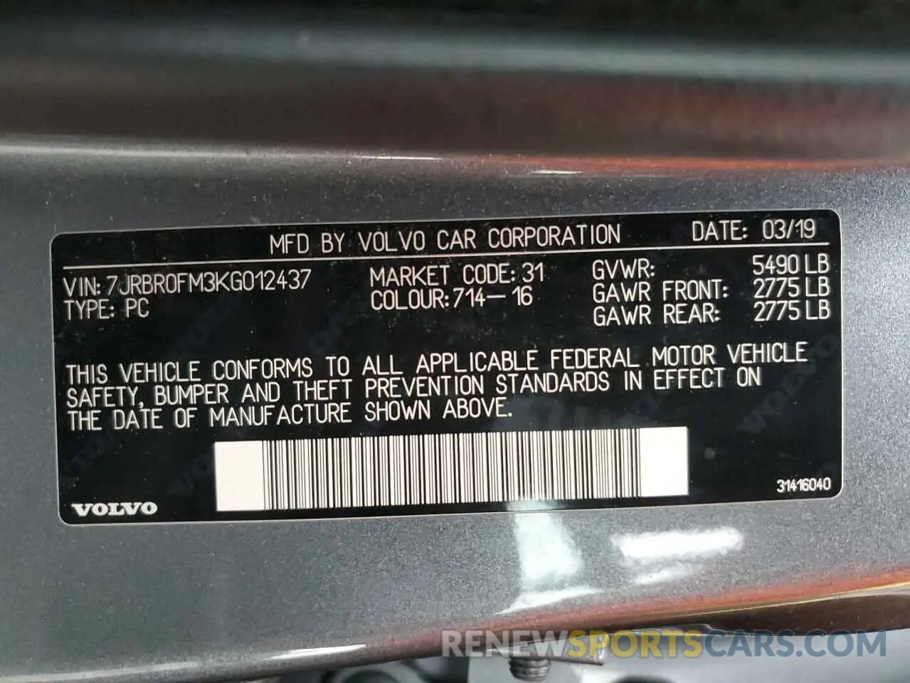 13 Photograph of a damaged car 7JRBR0FM3KG012437 VOLVO S60 2019