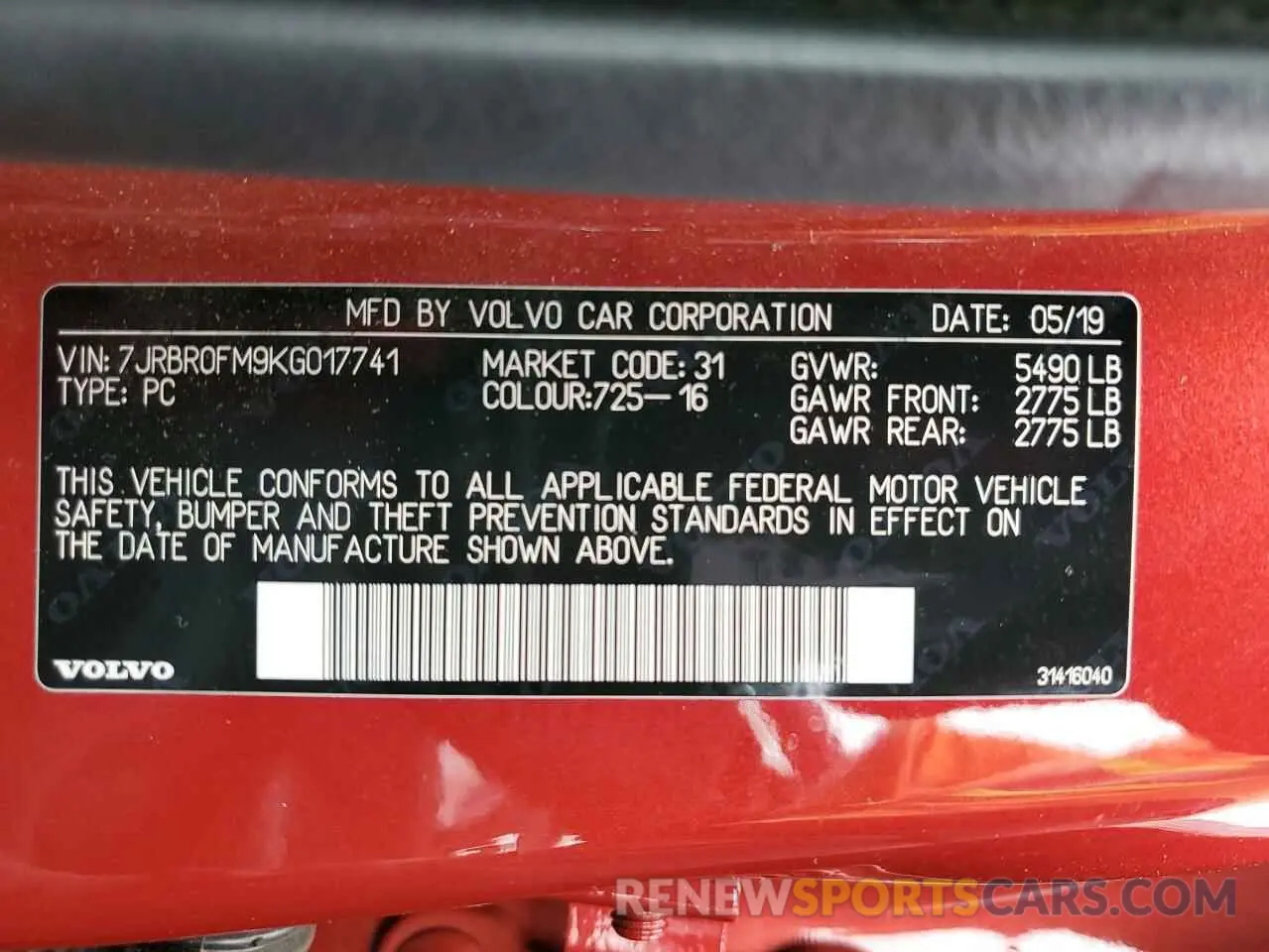 12 Photograph of a damaged car 7JRBR0FM9KG017741 VOLVO S60 2019