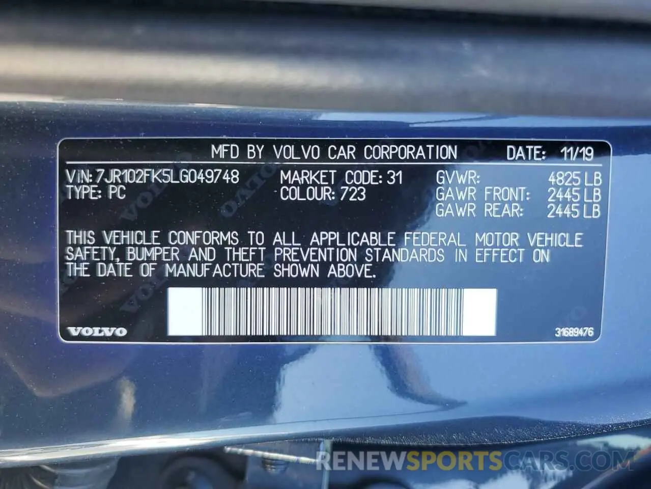 13 Photograph of a damaged car 7JR102FK5LG049748 VOLVO S60 2020