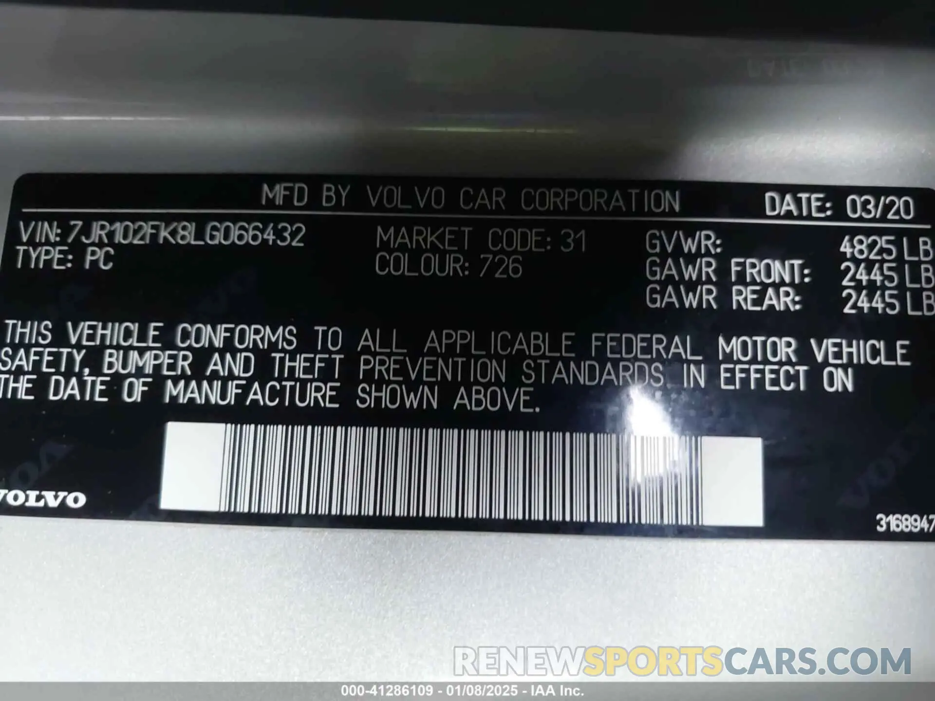 9 Photograph of a damaged car 7JR102FK8LG066432 VOLVO S60 2020
