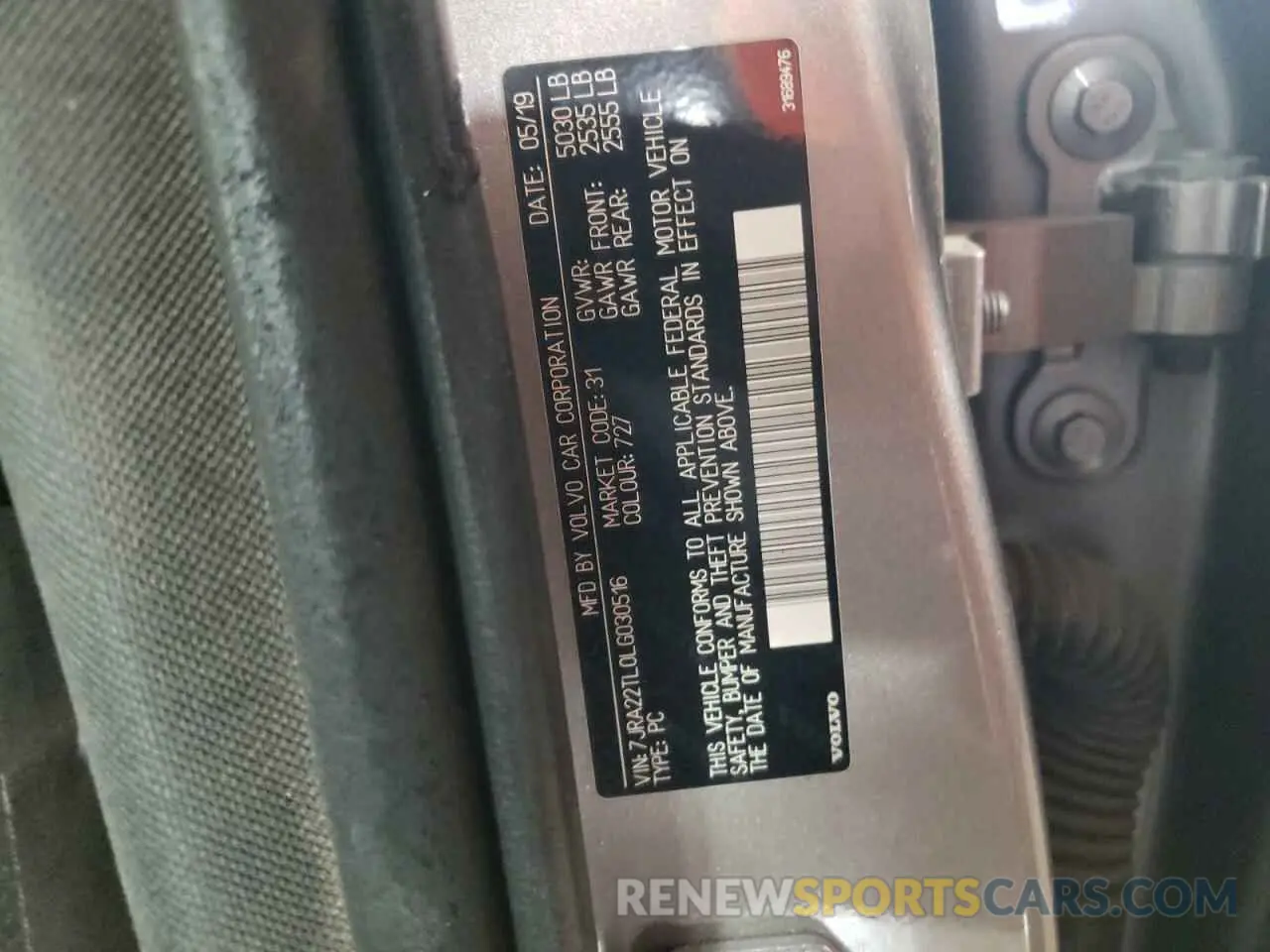 12 Photograph of a damaged car 7JRA22TL0LG030516 VOLVO S60 2020