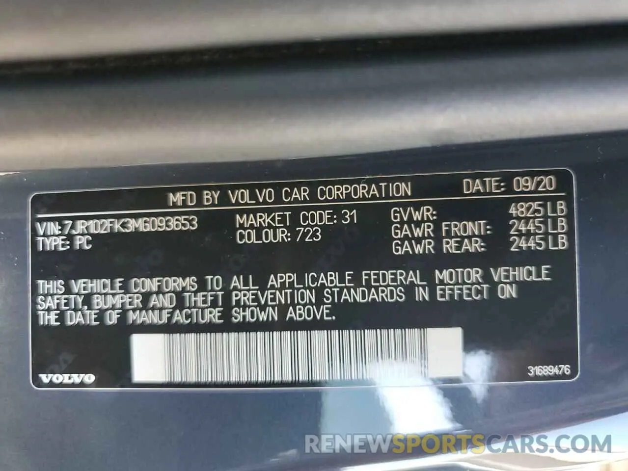 13 Photograph of a damaged car 7JR102FK3MG093653 VOLVO S60 2021