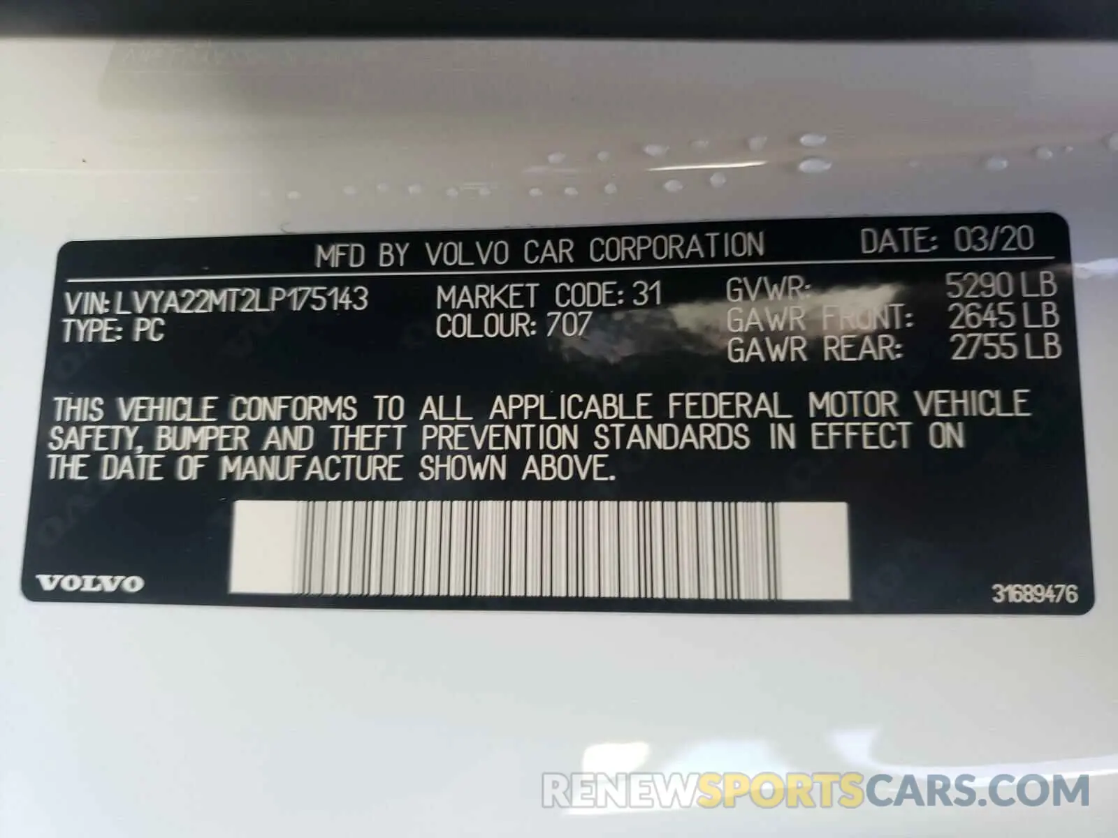 10 Photograph of a damaged car LVYA22MT2LP175143 VOLVO S90 2020