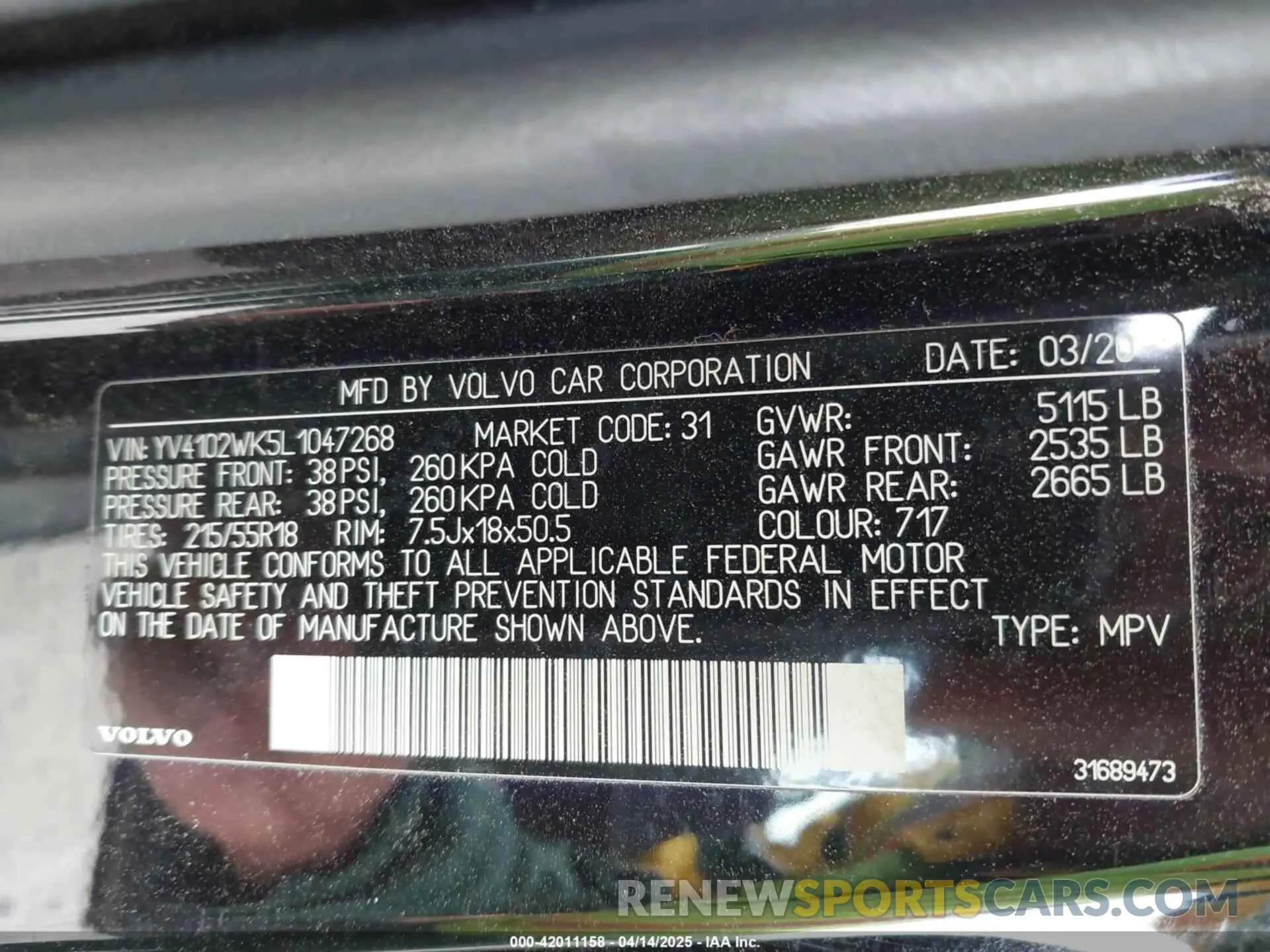 9 Photograph of a damaged car YV4102WK5L1047268 VOLVO V60 CROSS COUNTRY 2020
