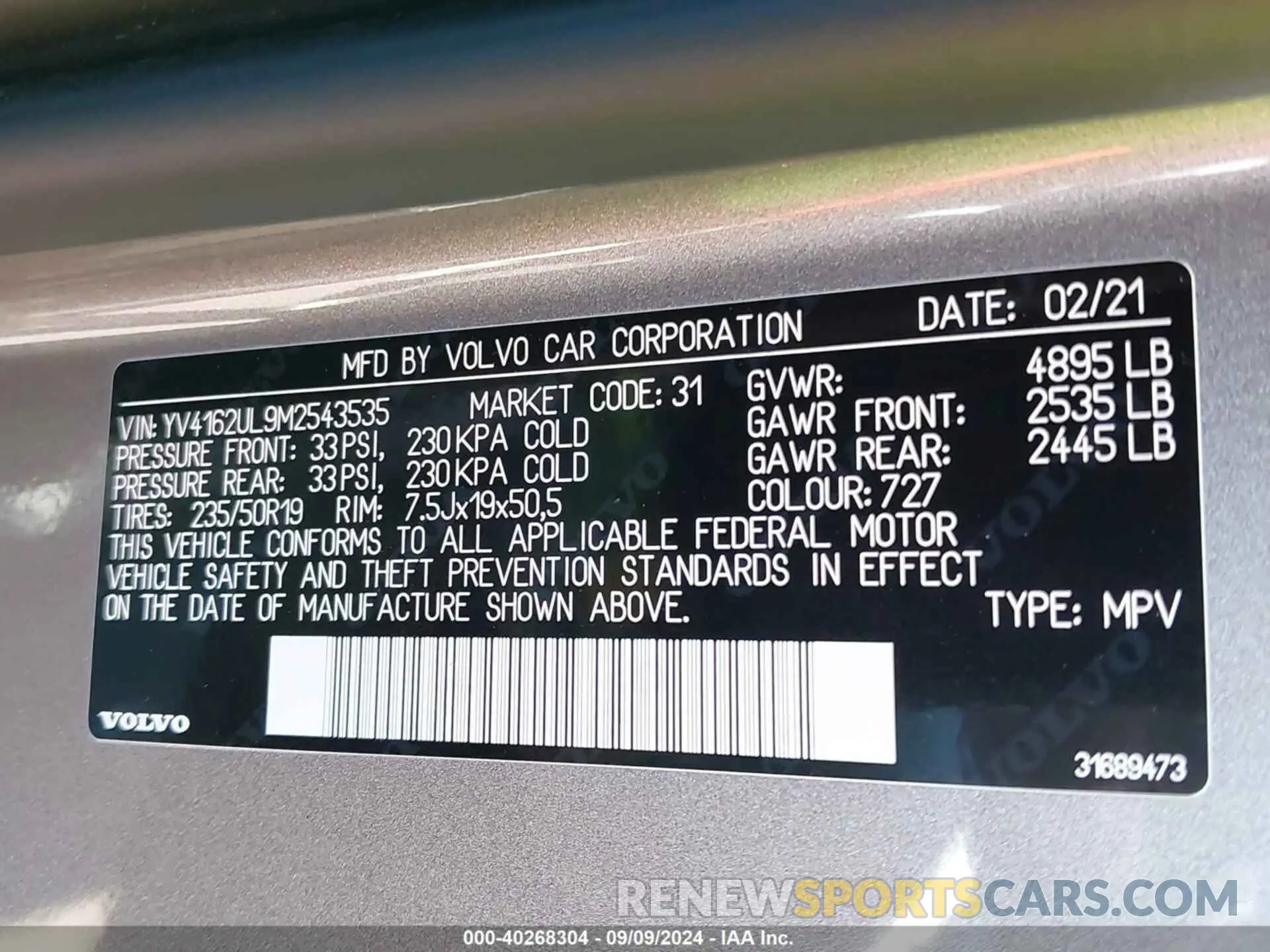 9 Photograph of a damaged car YV4162UL9M2543535 VOLVO XC40 2021