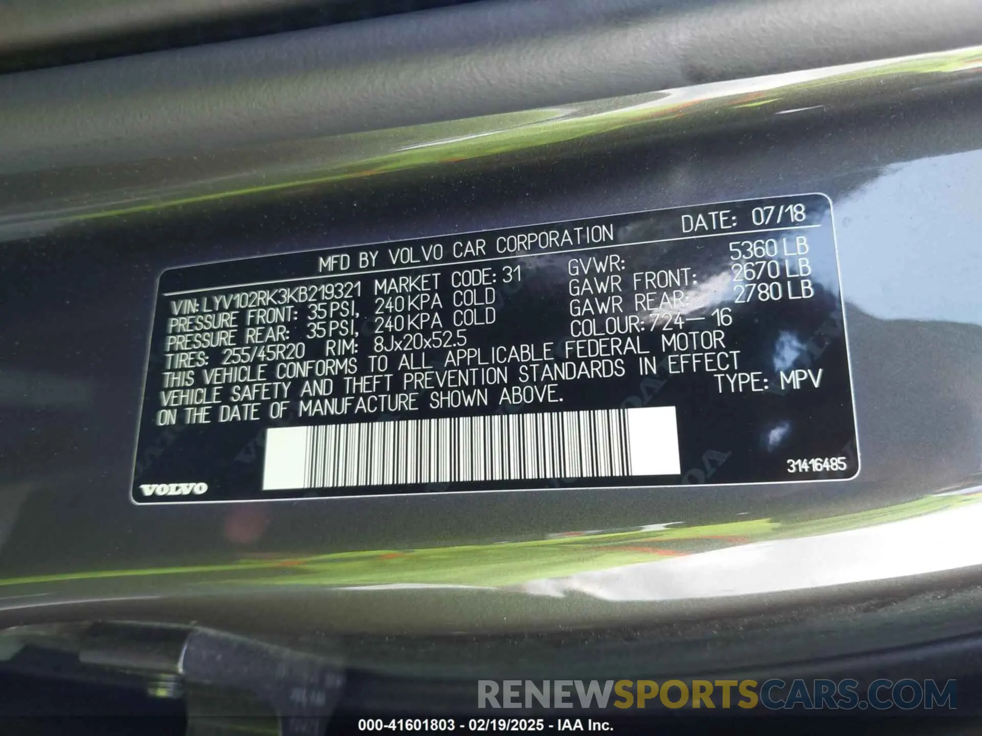 9 Photograph of a damaged car LYV102RK3KB219321 VOLVO XC60 2019