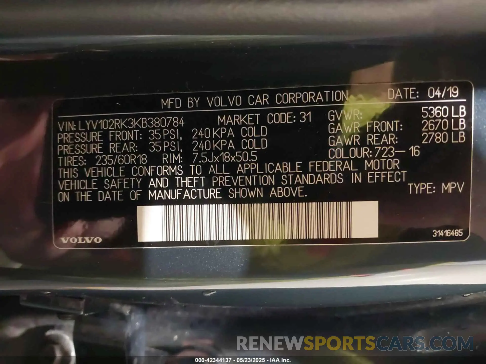 9 Photograph of a damaged car LYV102RK3KB380784 VOLVO XC60 2019