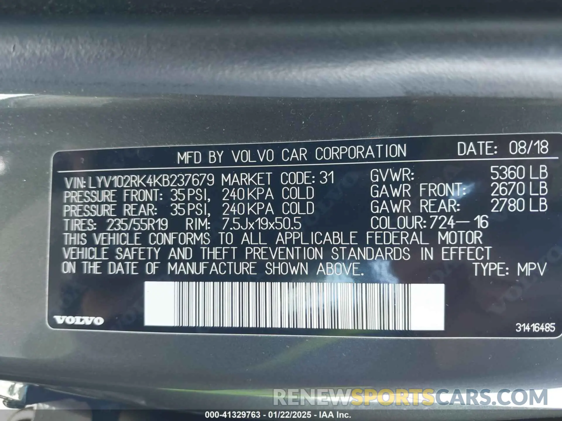 9 Photograph of a damaged car LYV102RK4KB237679 VOLVO XC60 2019