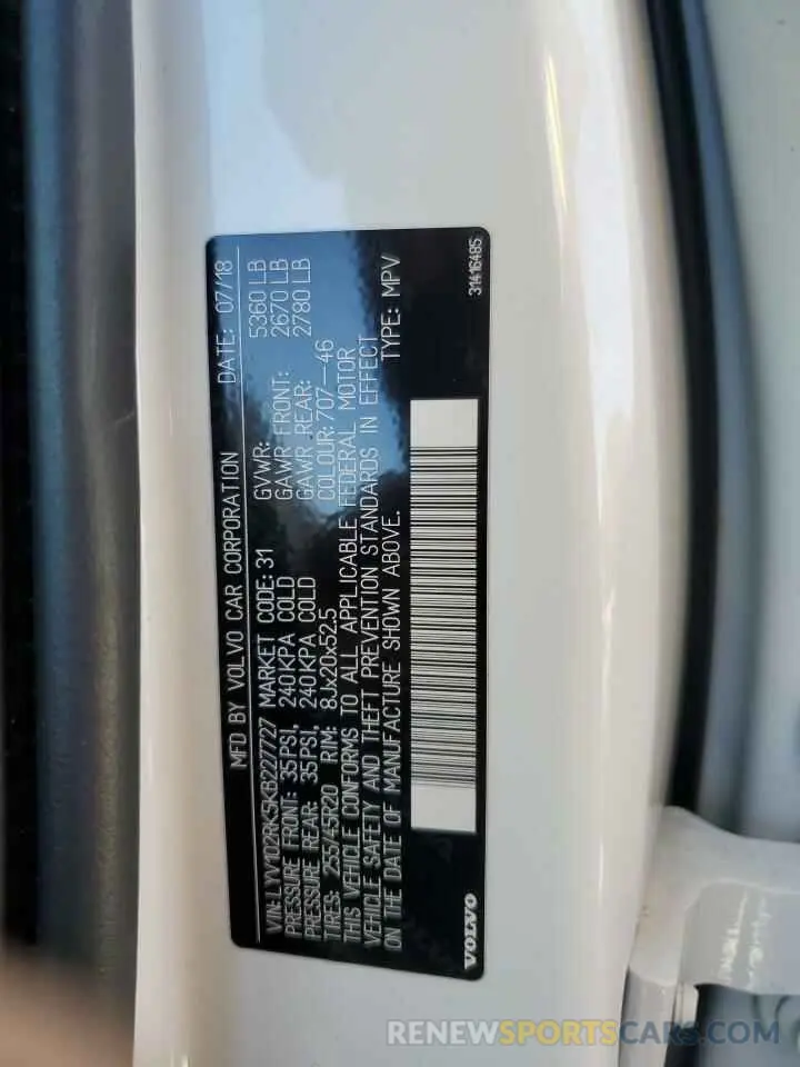 13 Photograph of a damaged car LYV102RK5KB227727 VOLVO XC60 2019