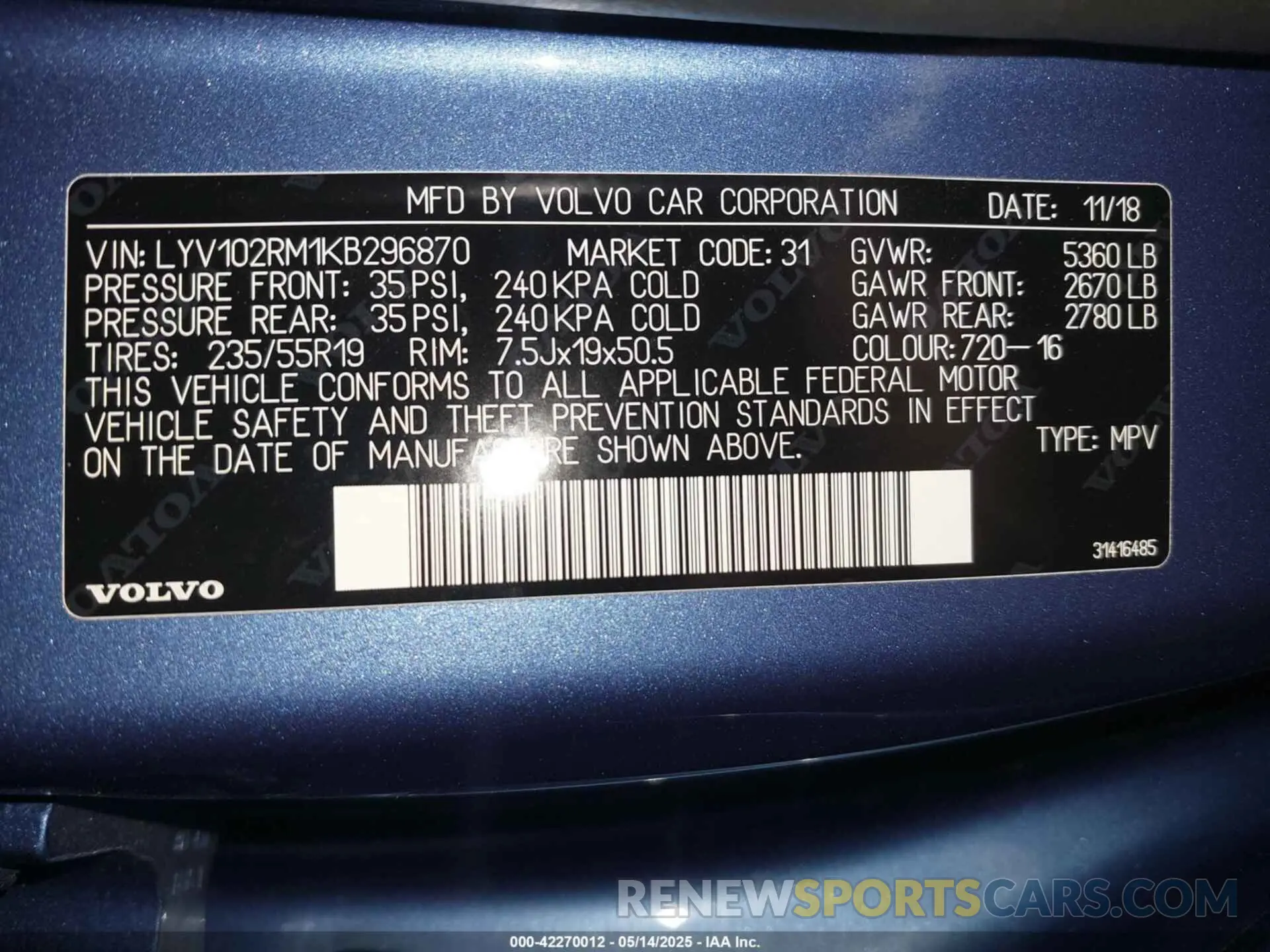 9 Photograph of a damaged car LYV102RM1KB296870 VOLVO XC60 2019