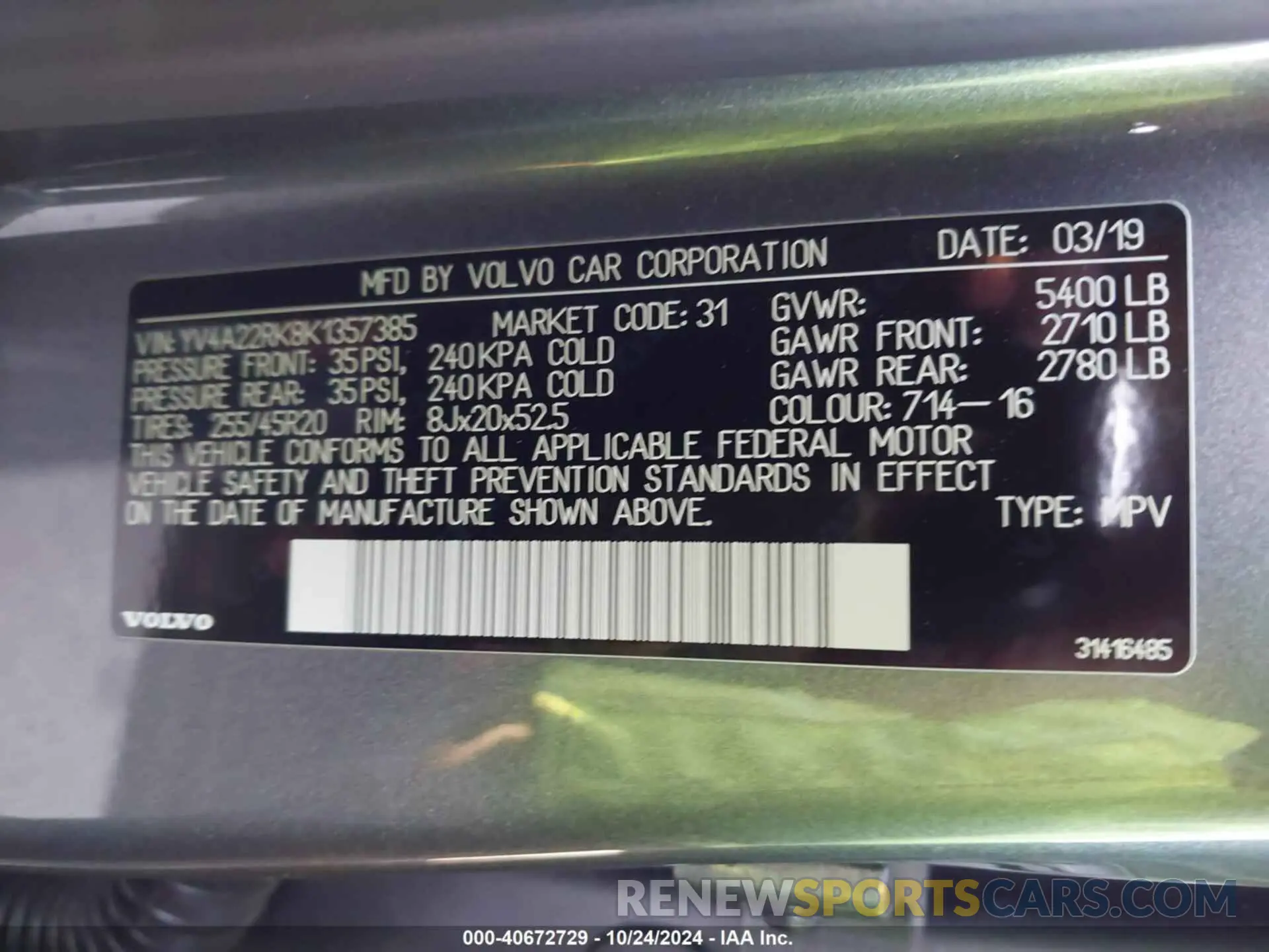 9 Photograph of a damaged car YV4A22RK8K1357385 VOLVO XC60 2019