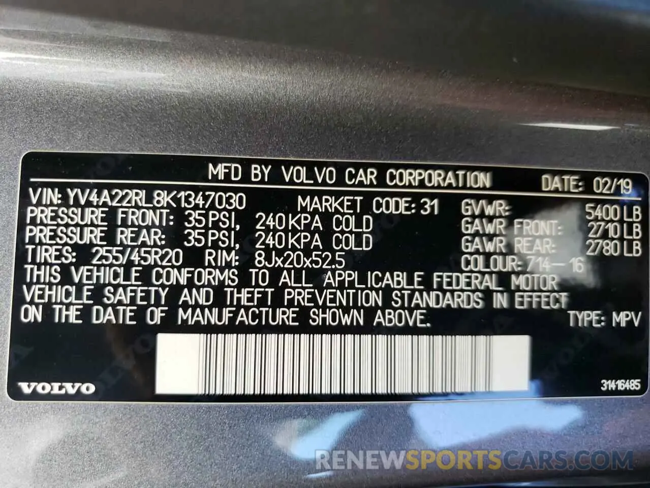 13 Photograph of a damaged car YV4A22RL8K1347030 VOLVO XC60 2019