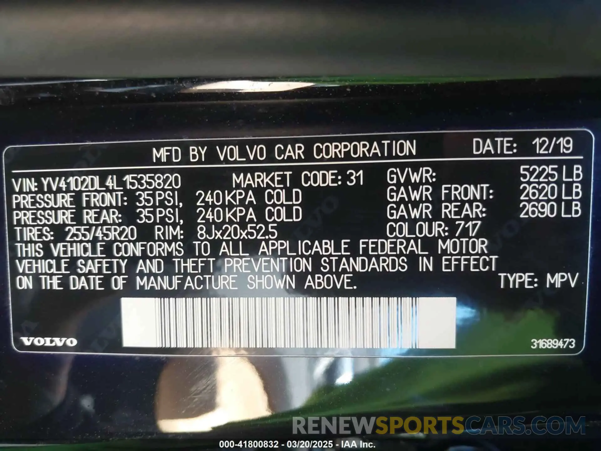 9 Photograph of a damaged car YV4102DL4L1535820 VOLVO XC60 2020