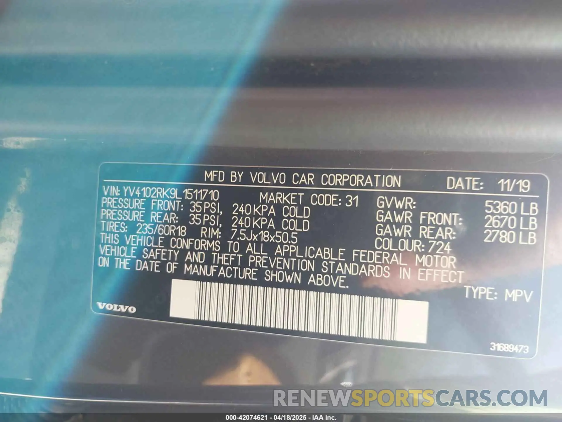 9 Photograph of a damaged car YV4102RK9L1511710 VOLVO XC60 2020