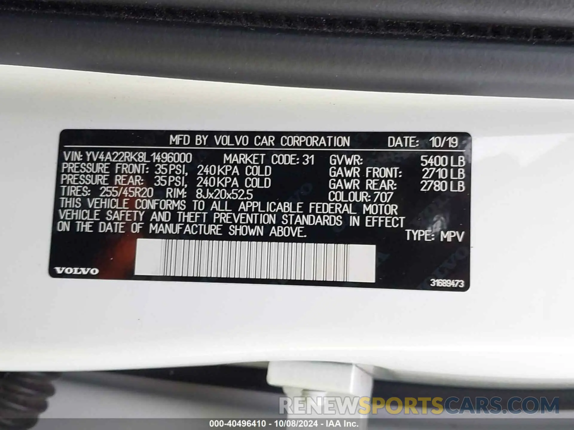 9 Photograph of a damaged car YV4A22RK8L1496000 VOLVO XC60 2020