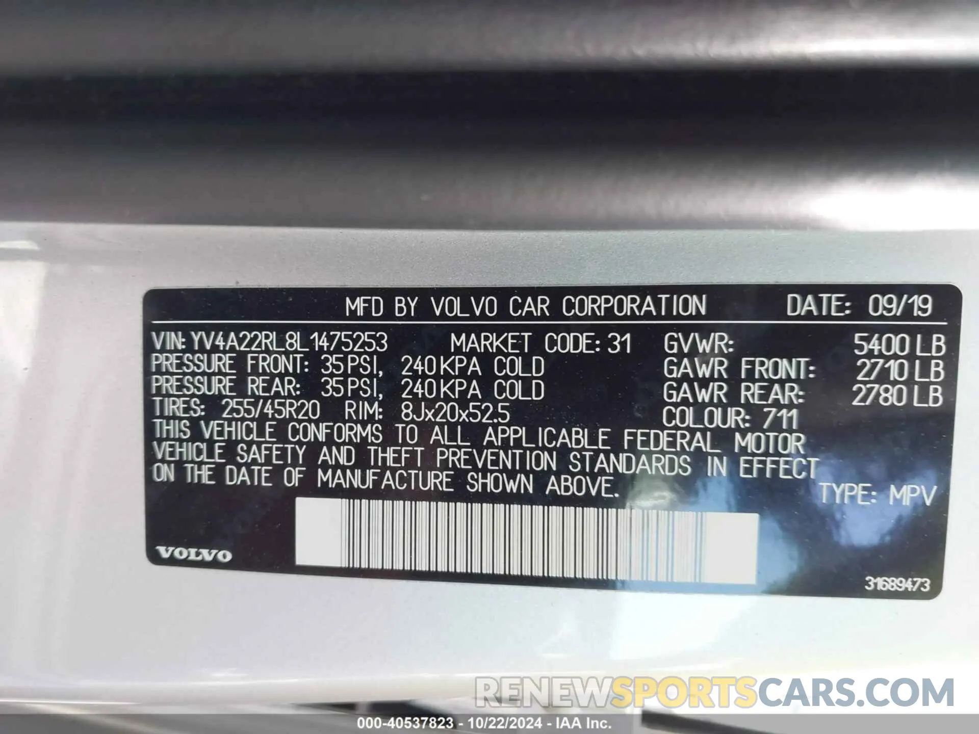 9 Photograph of a damaged car YV4A22RL8L1475253 VOLVO XC60 2020