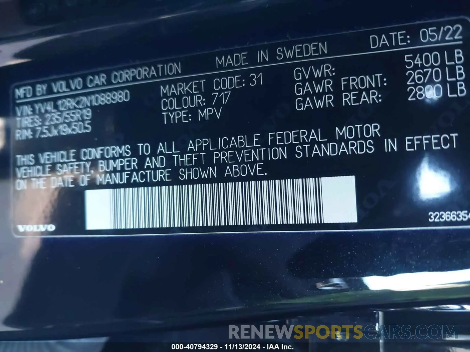 9 Photograph of a damaged car YV4L12RK2N1088980 VOLVO XC60 2022