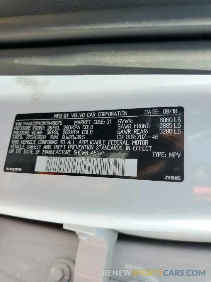 10 Photograph of a damaged car YV4A22PK2K1449675 VOLVO XC90 2019