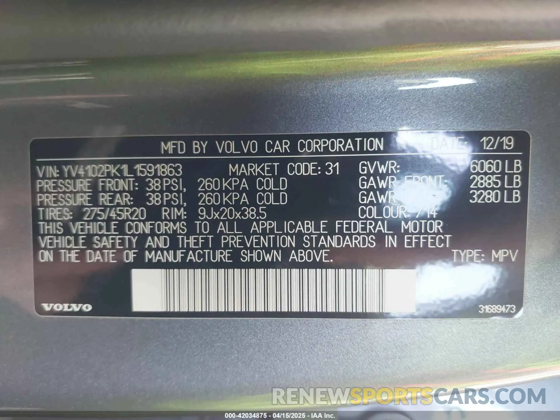 9 Photograph of a damaged car YV4102PK1L1591863 VOLVO XC90 2020