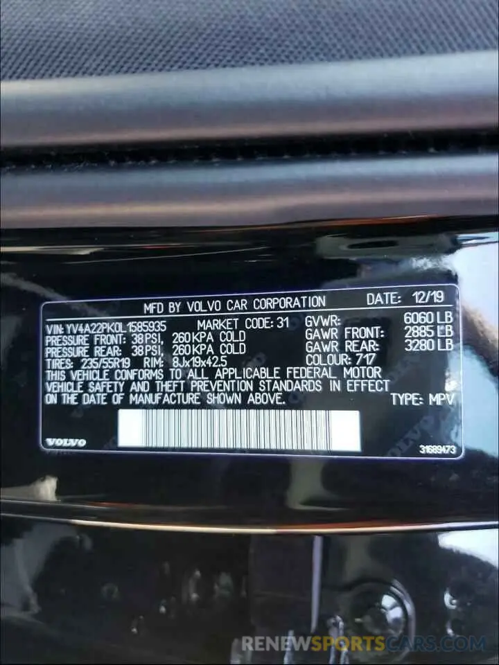 10 Photograph of a damaged car YV4A22PK0L1585935 VOLVO XC90 2020